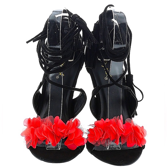 Qupid Ara-107 Black Suede Strappy Stilettos with Red Floral Detail, Size 5.5 - Picture 8 of 16